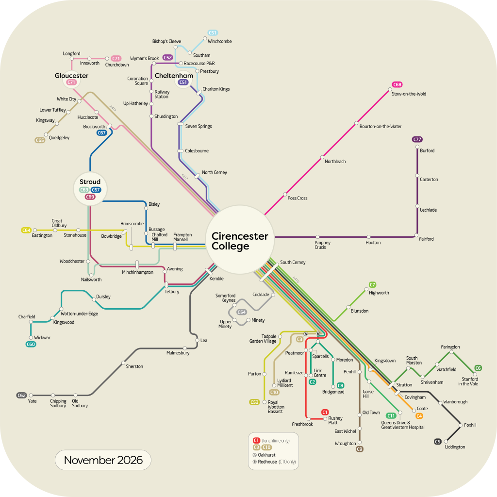 map showing all Swindon's bus company Cirencester college routes