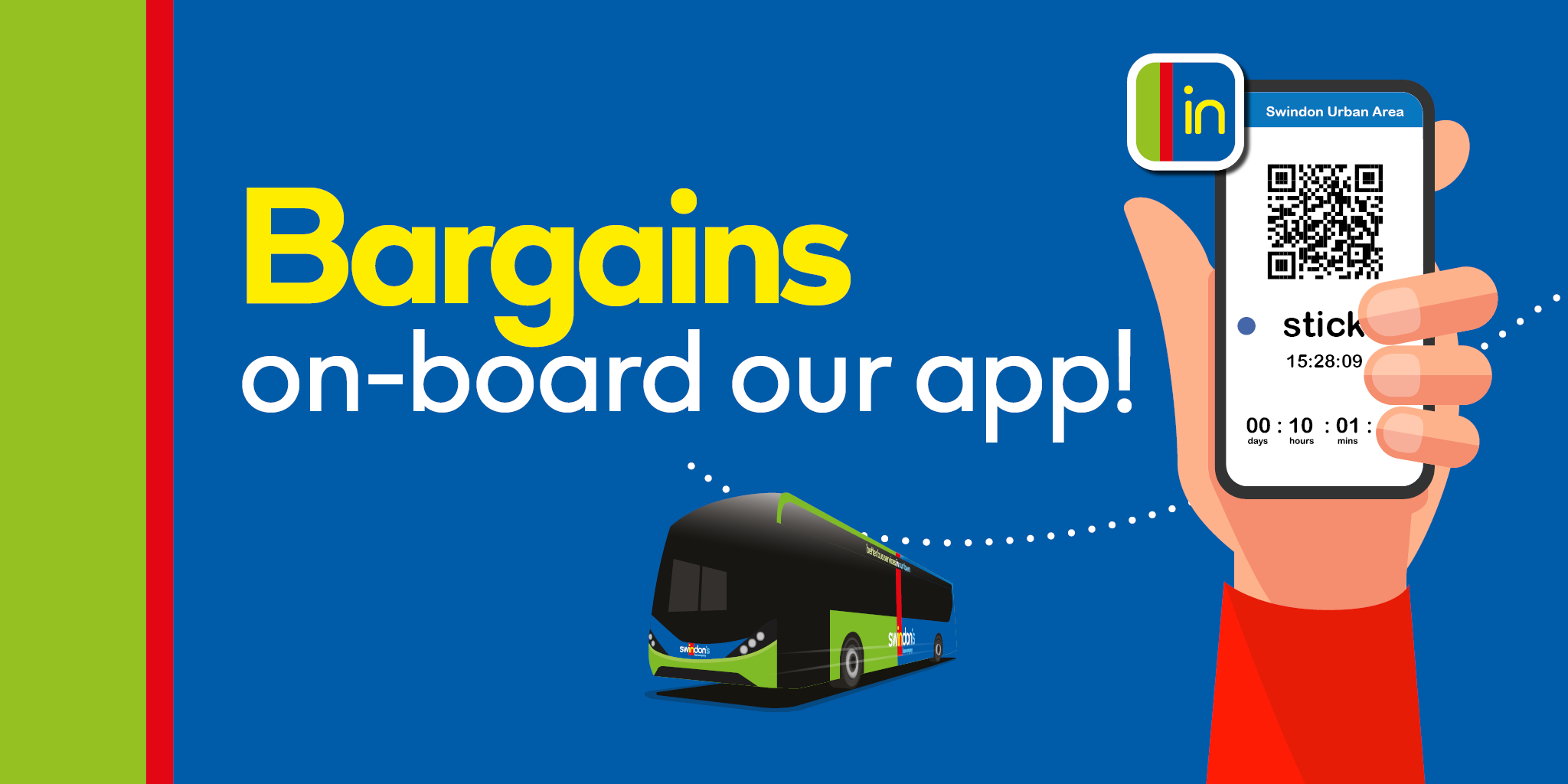 Bargains on-board our app! Image of a hand holding up a phone showing an app ticket