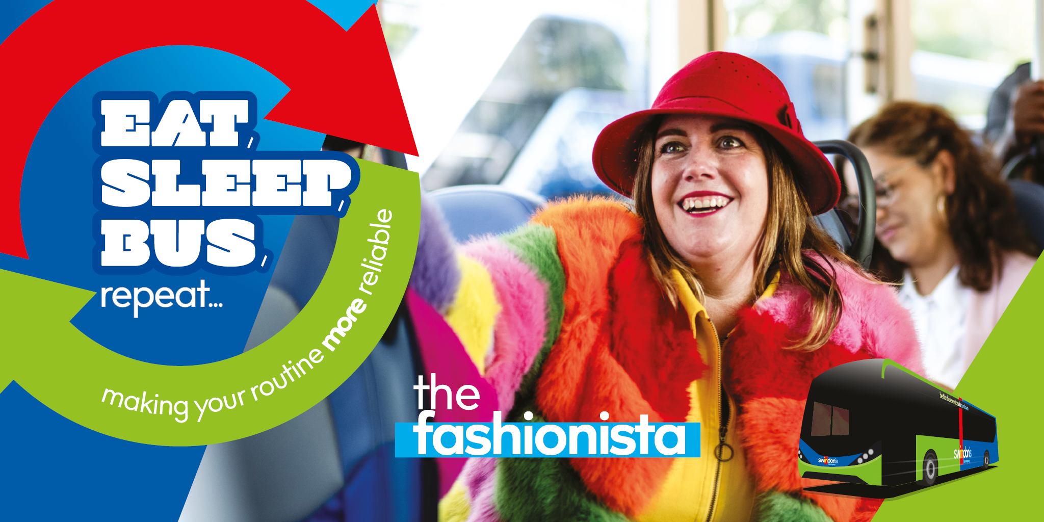Eat, Sleep, Bus, repeat text with a fashionable lady image taking a selfie on a bus