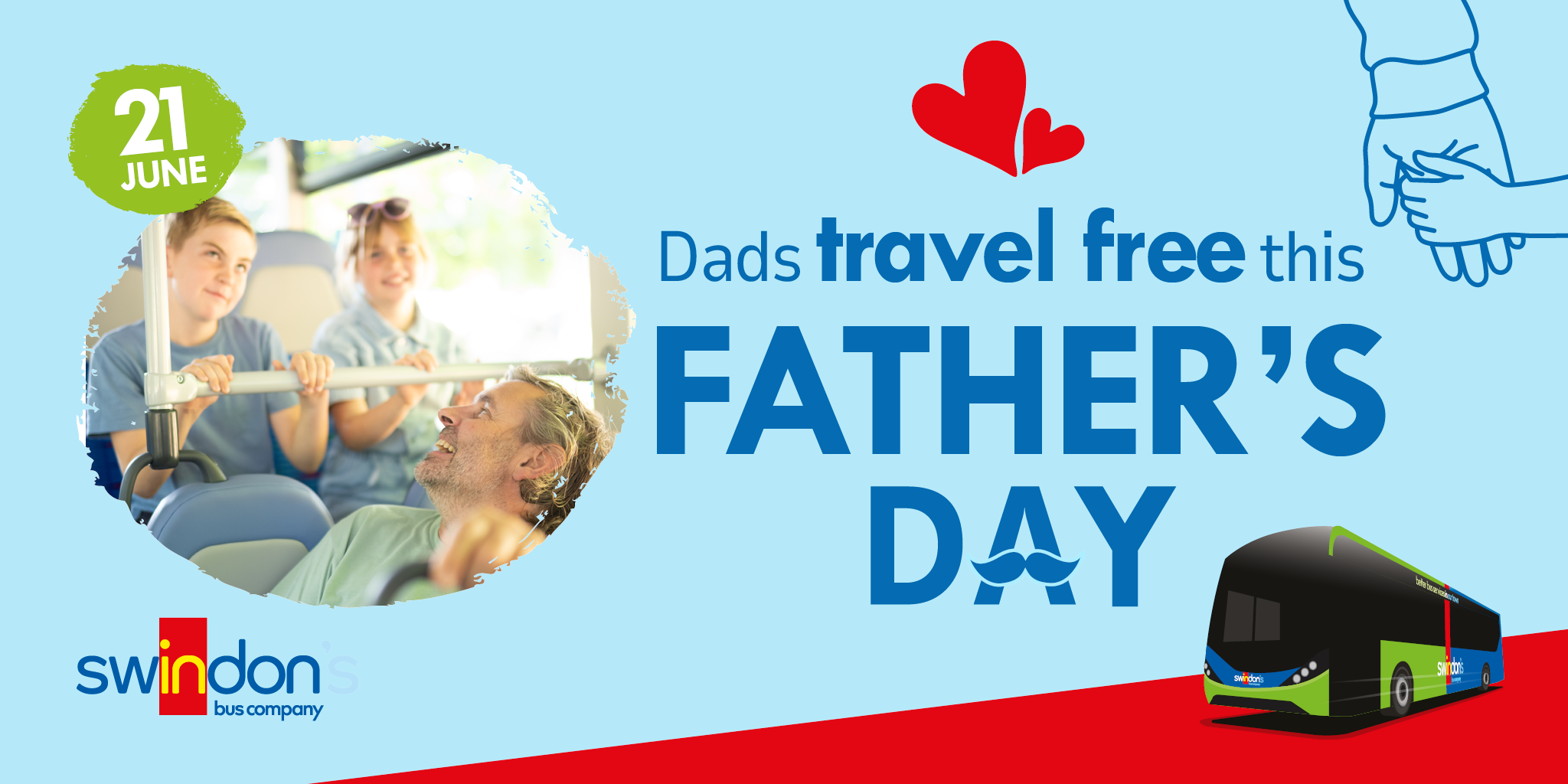 Image of dad and children on bus with text dads travel free this Father's Day 21 June