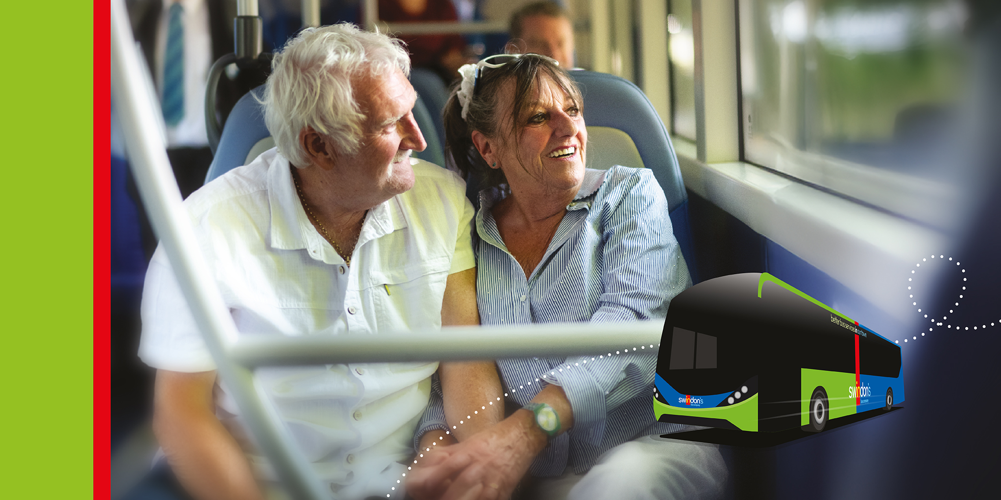 older couple on a bus looking out the window