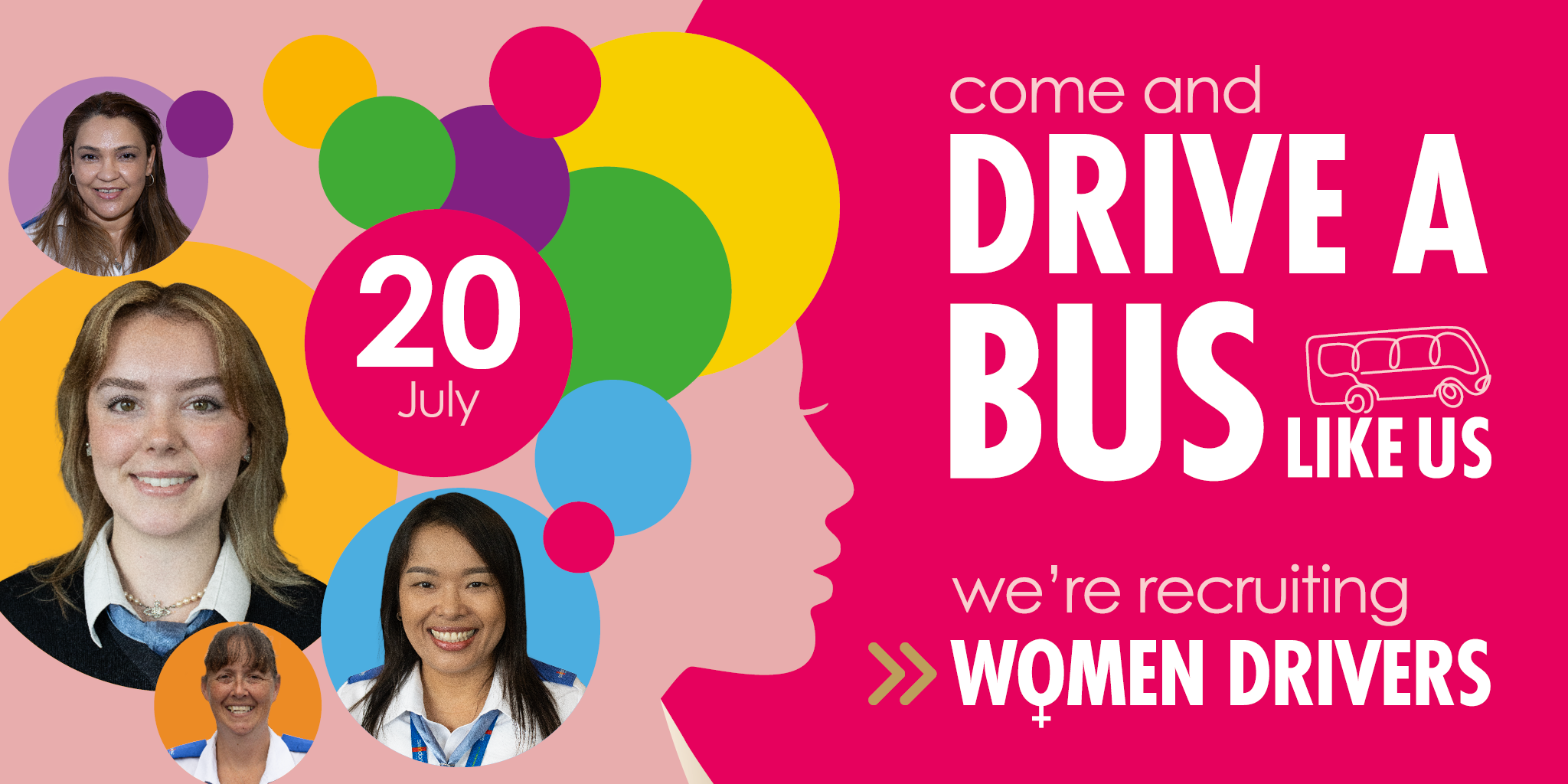 Images of Swindon Bus women drivers with the text come and drive a bus like us on Sunday 20 July
